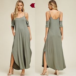 Bellanblue Dresses - RILEY Cold Shoulder Maxi Dress - LIGHT OLIVE Bellanblue Dresses - RILEY Cold Shoulder Maxi Dress - LIGHT OLIVE